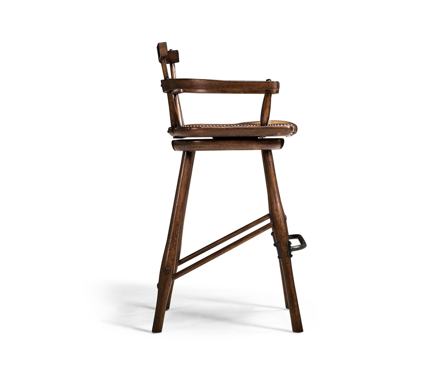 Dark Oak Arm Bar Stool with A Studded Dark Antique Leather Seat