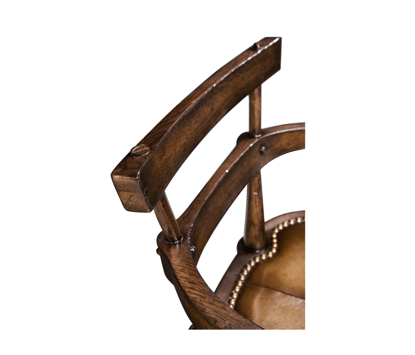 Dark Oak Arm Bar Stool with A Studded Dark Antique Leather Seat