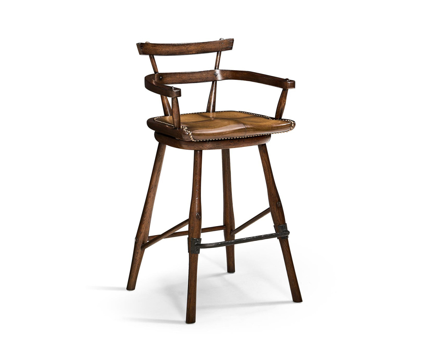 Dark Oak Arm Bar Stool with A Studded Dark Antique Leather Seat