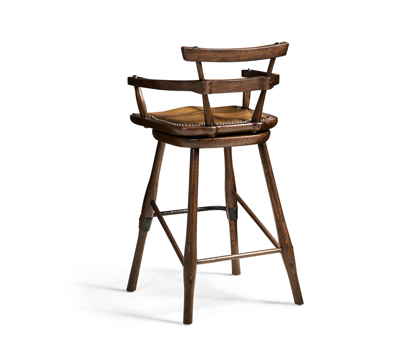 Dark Oak Arm Bar Stool with A Studded Dark Antique Leather Seat