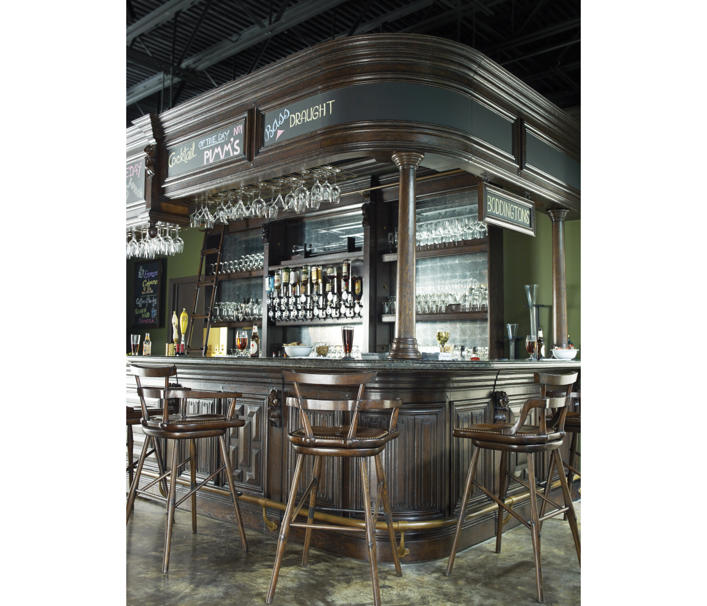 Dark Oak Arm Bar Stool with A Studded Dark Antique Leather Seat