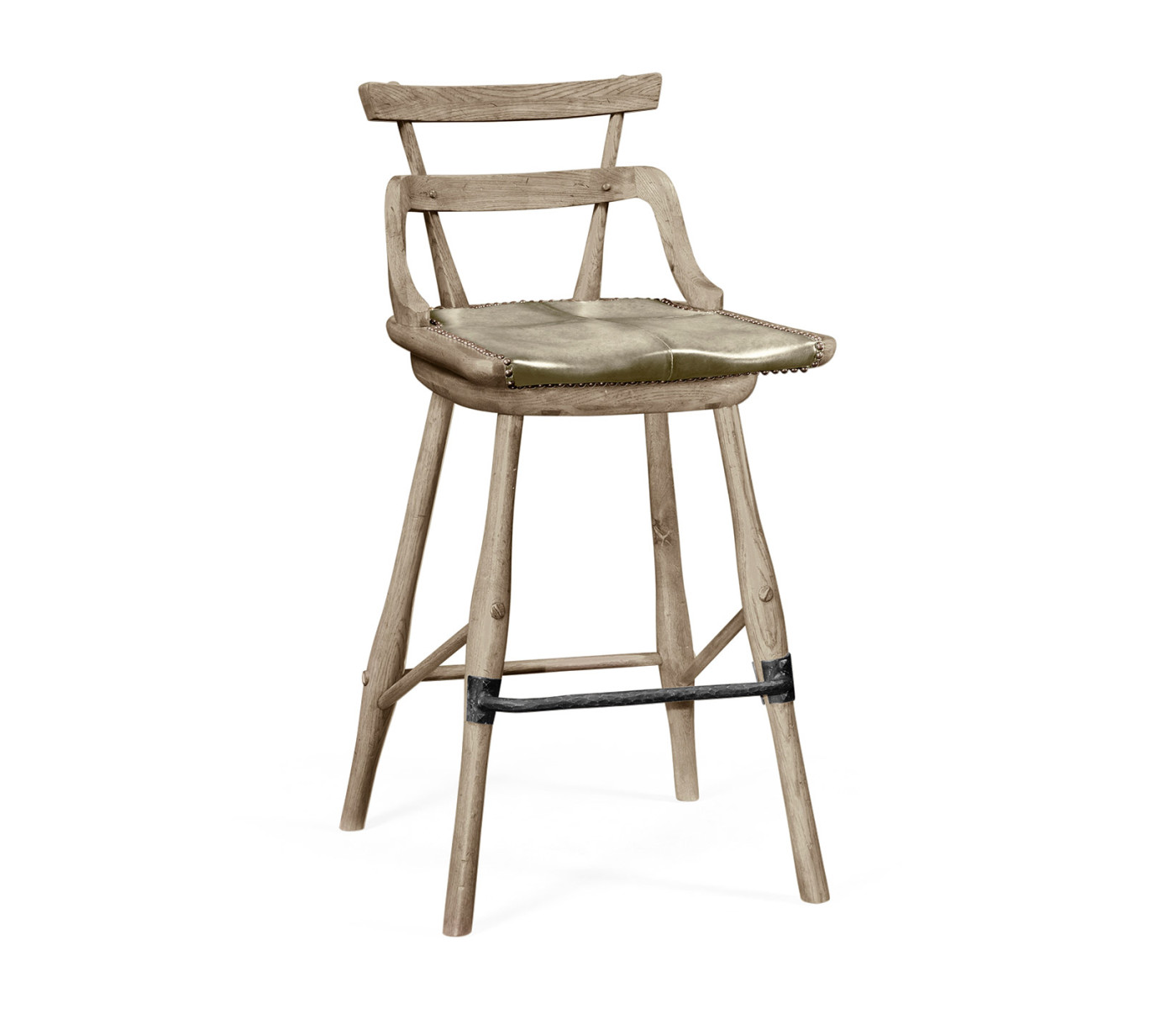 Grey Oak Side Bar Stool with a Studded Dark Grey Leather Seat