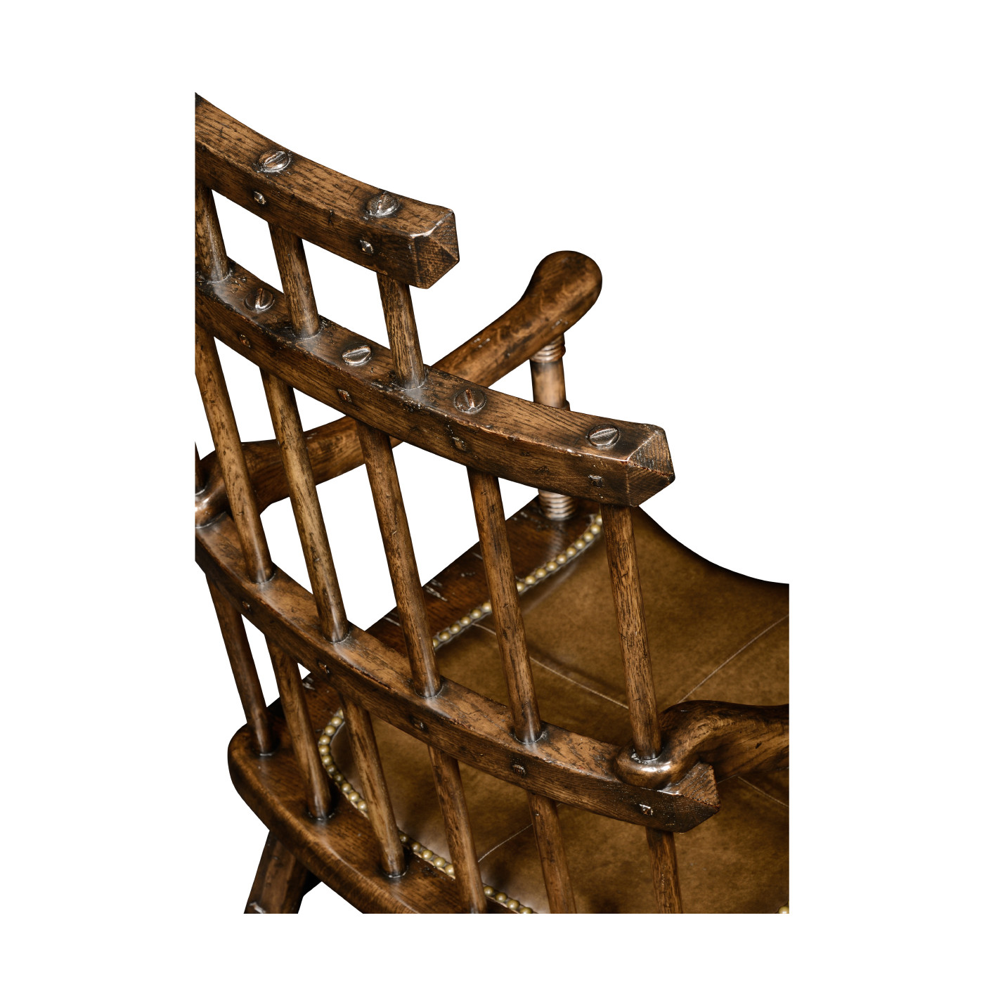 Dark Oak Windsor Style Rocking Arm Chair with A Studded Dark Antique Chestnut Leather Seat