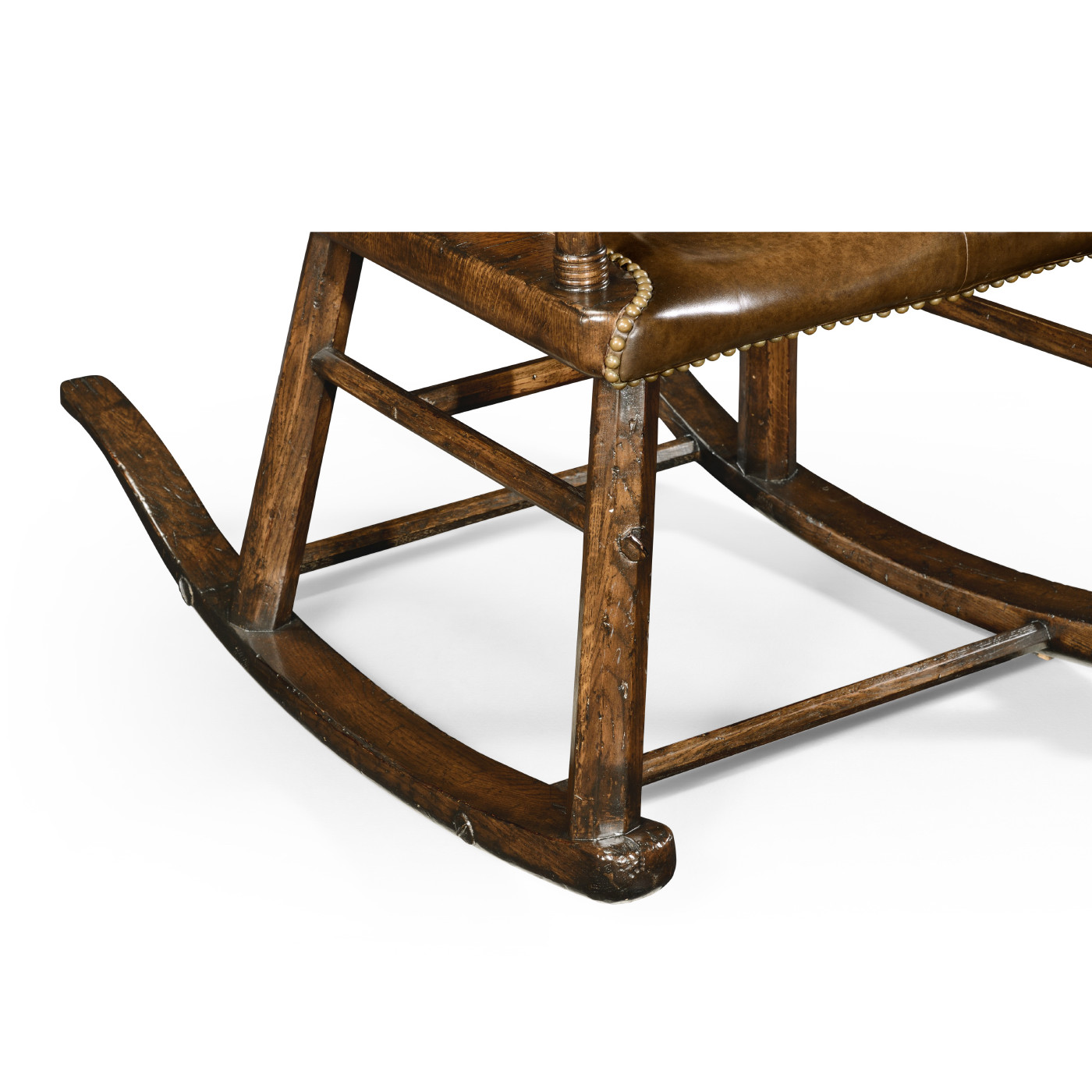 Dark Oak Windsor Style Rocking Arm Chair with A Studded Dark Antique Chestnut Leather Seat