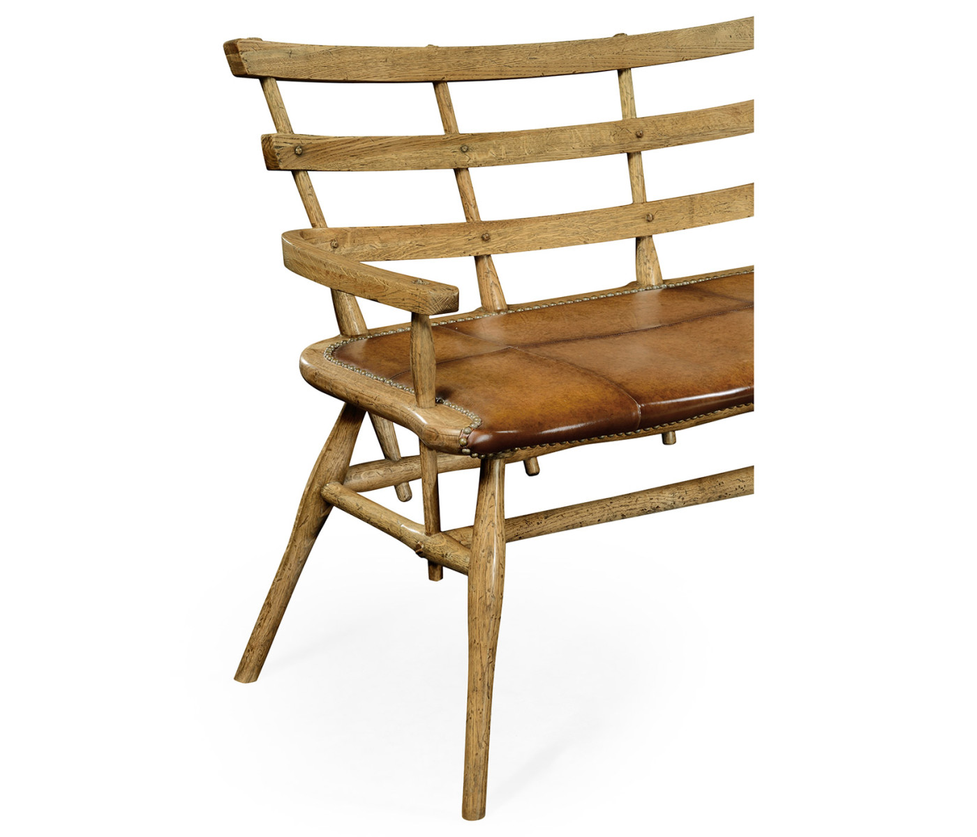 Natural Oak Bench with a Studded Antique Chestnut Leather Seat
