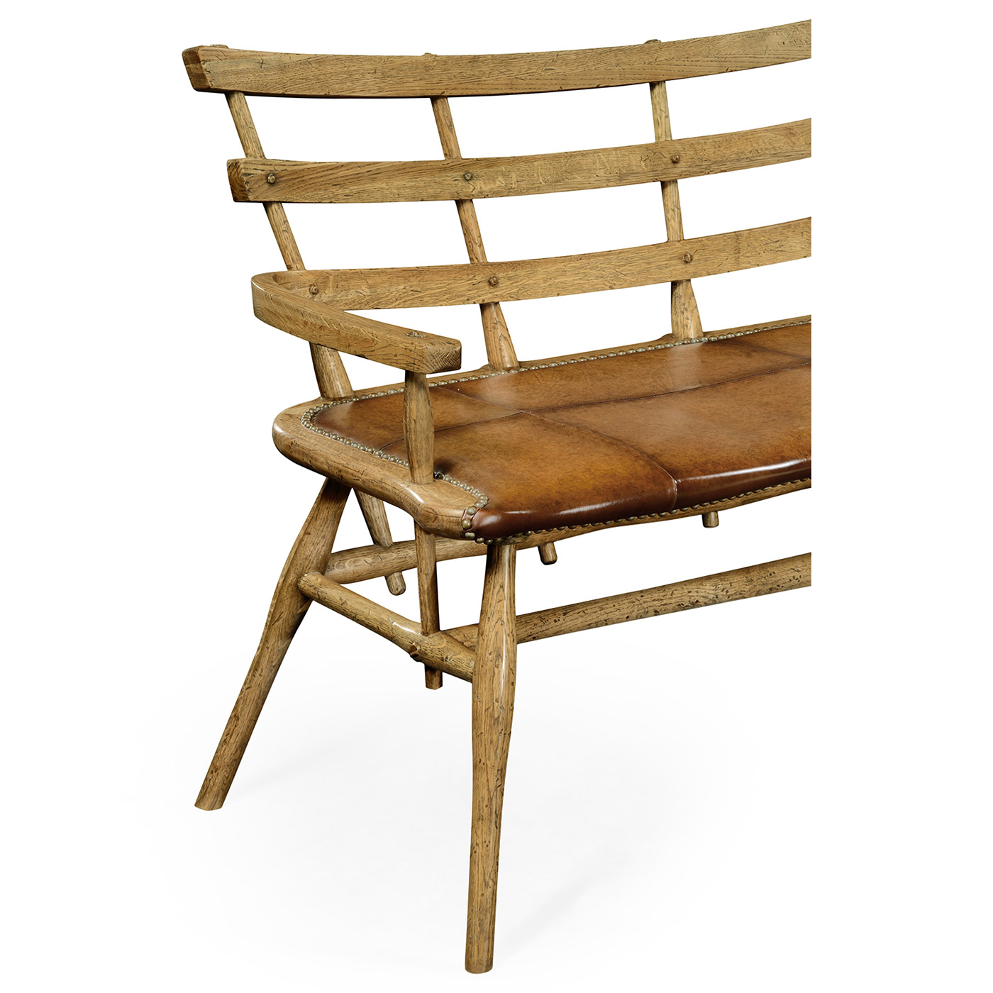 Natural Oak Bench with a Studded Antique Chestnut Leather Seat