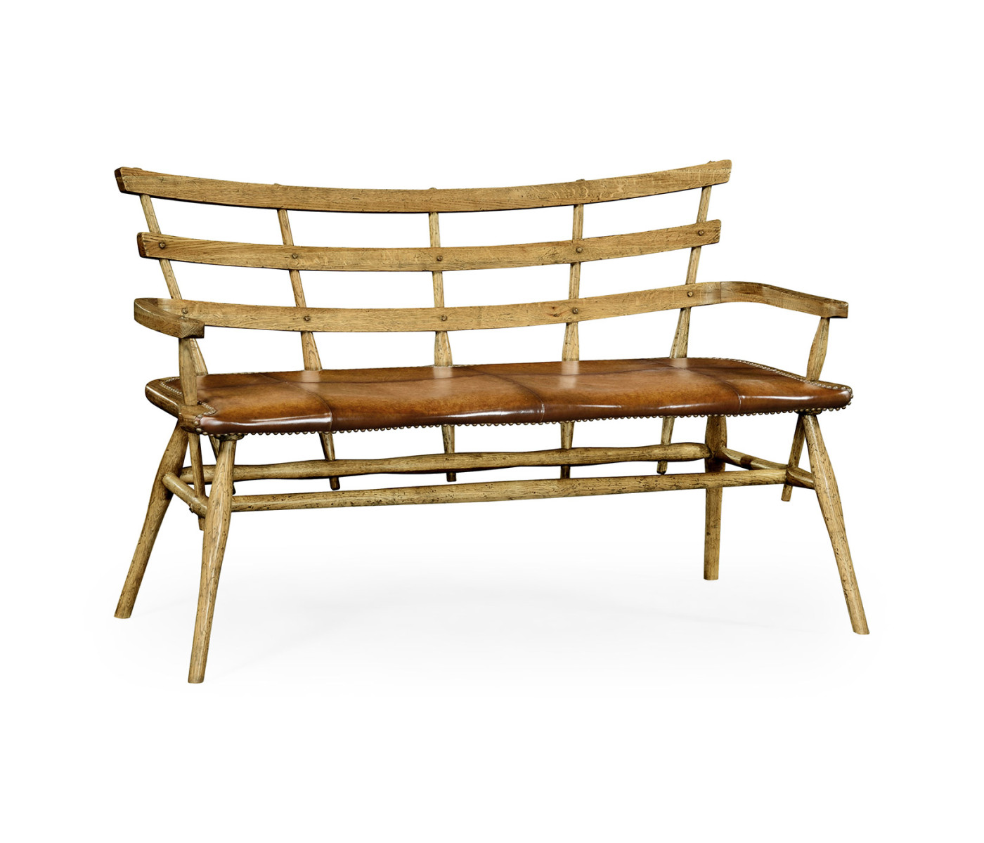Natural Oak Bench with a Studded Antique Chestnut Leather Seat