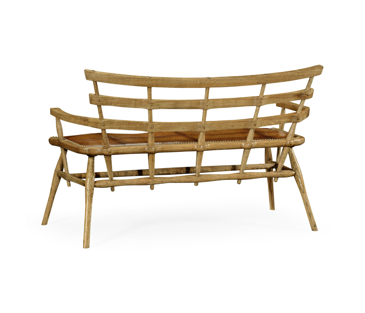 Natural Oak Bench with a Studded Antique Chestnut Leather Seat