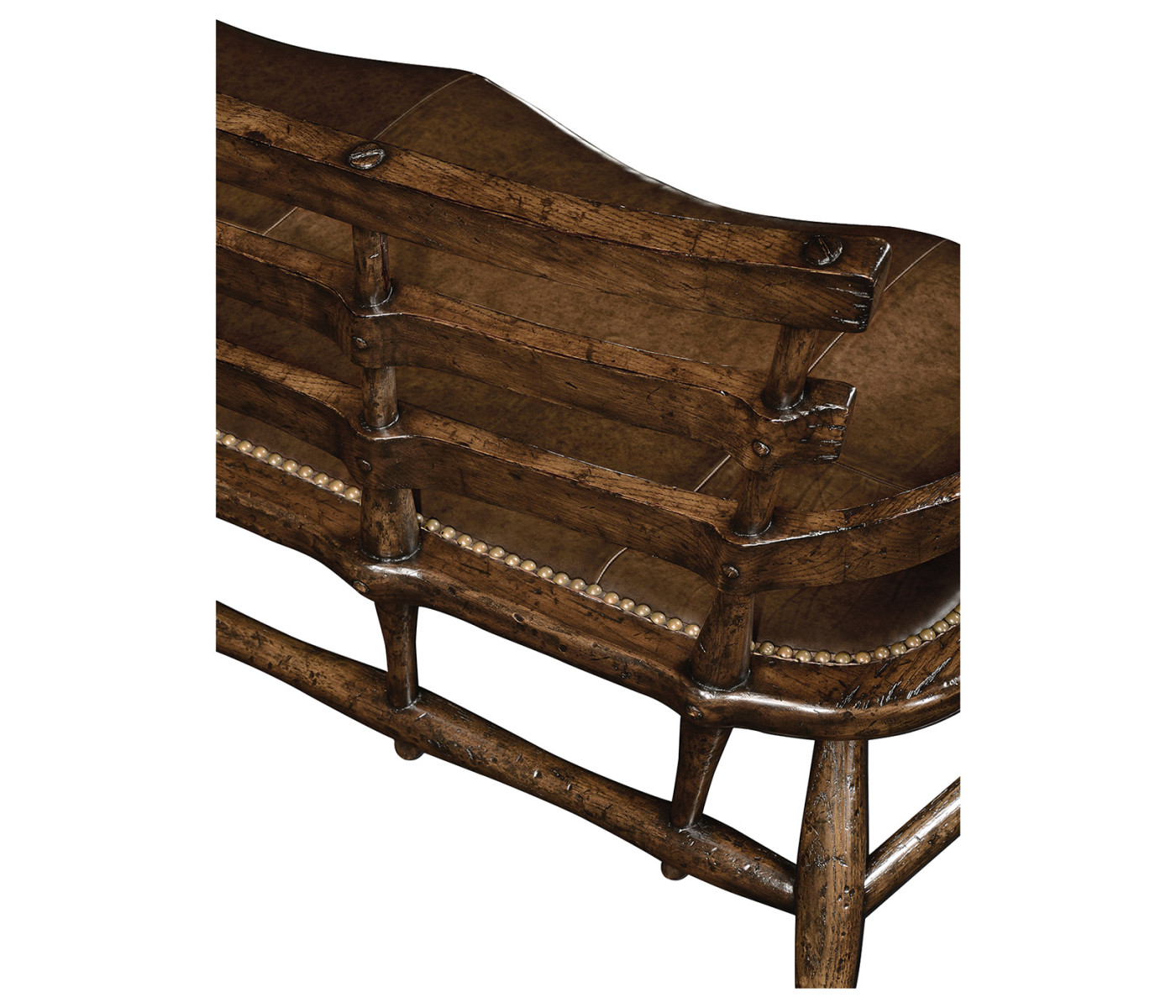 Dark Oak Bench with a Studded Dark Antique Chestnut Leather Seat