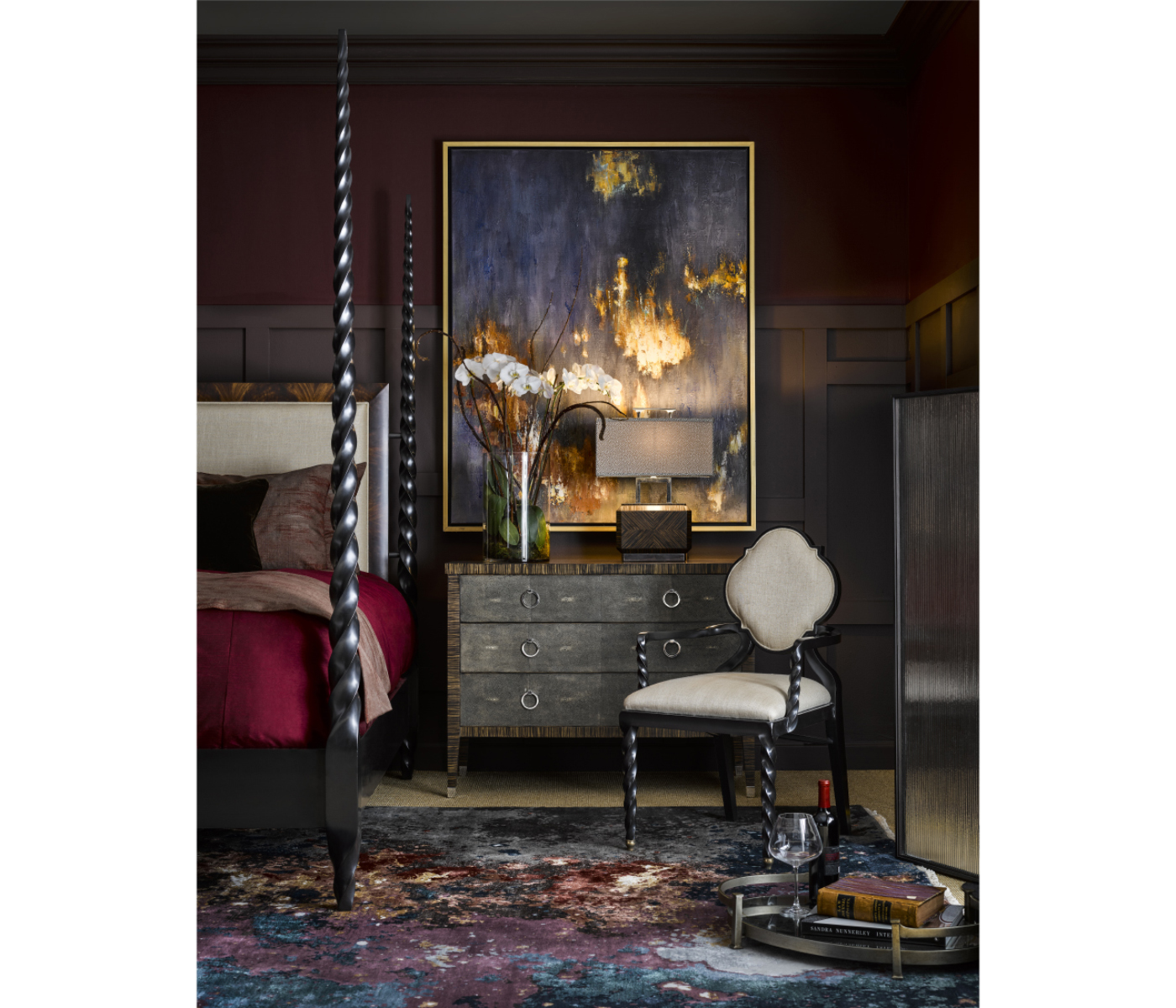 Faux Macassar Ebony & Anthracite Faux Shagreen 3-Drawers Chest of Drawers