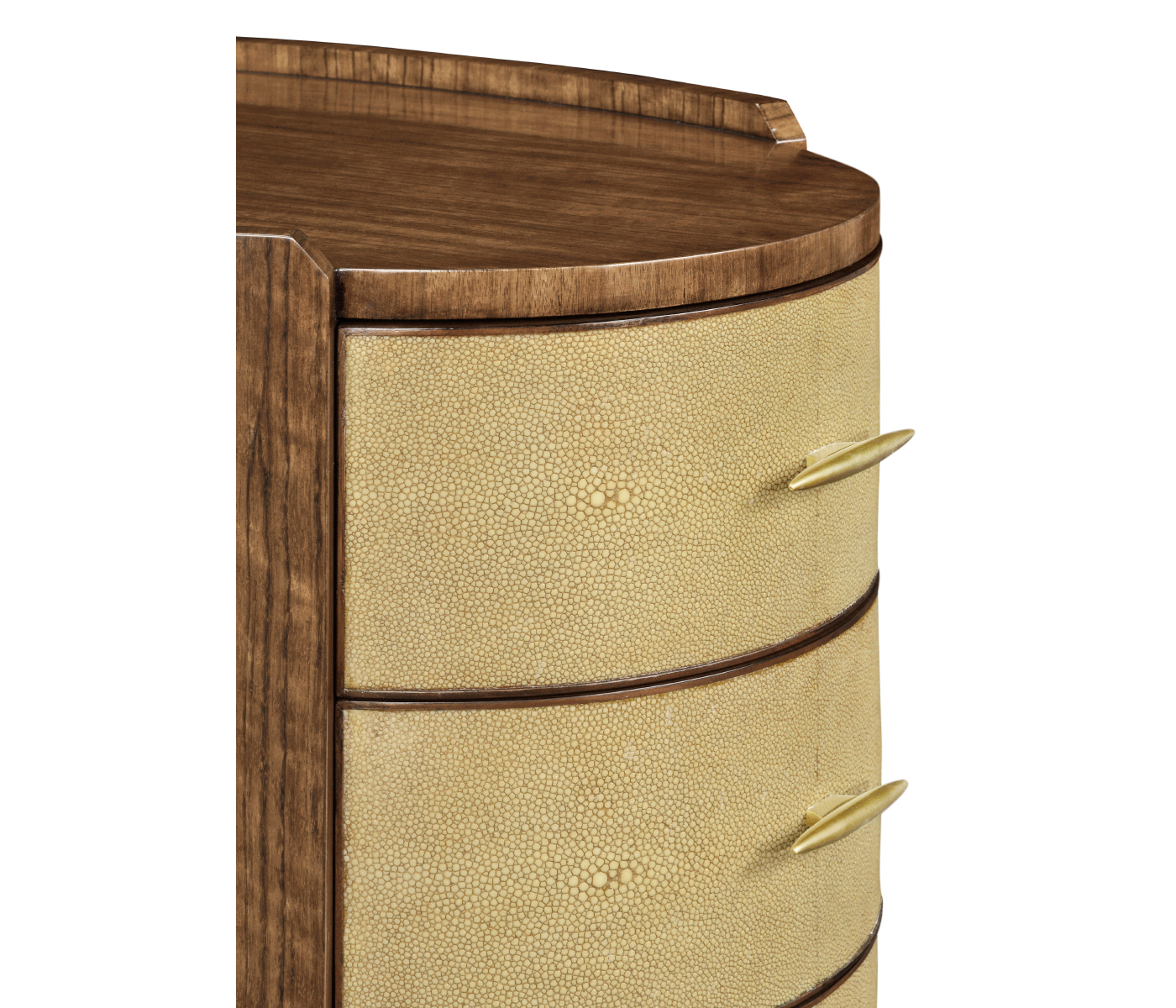 Ivory Shagreen Oval Bedside Chest of Drawers with Brass