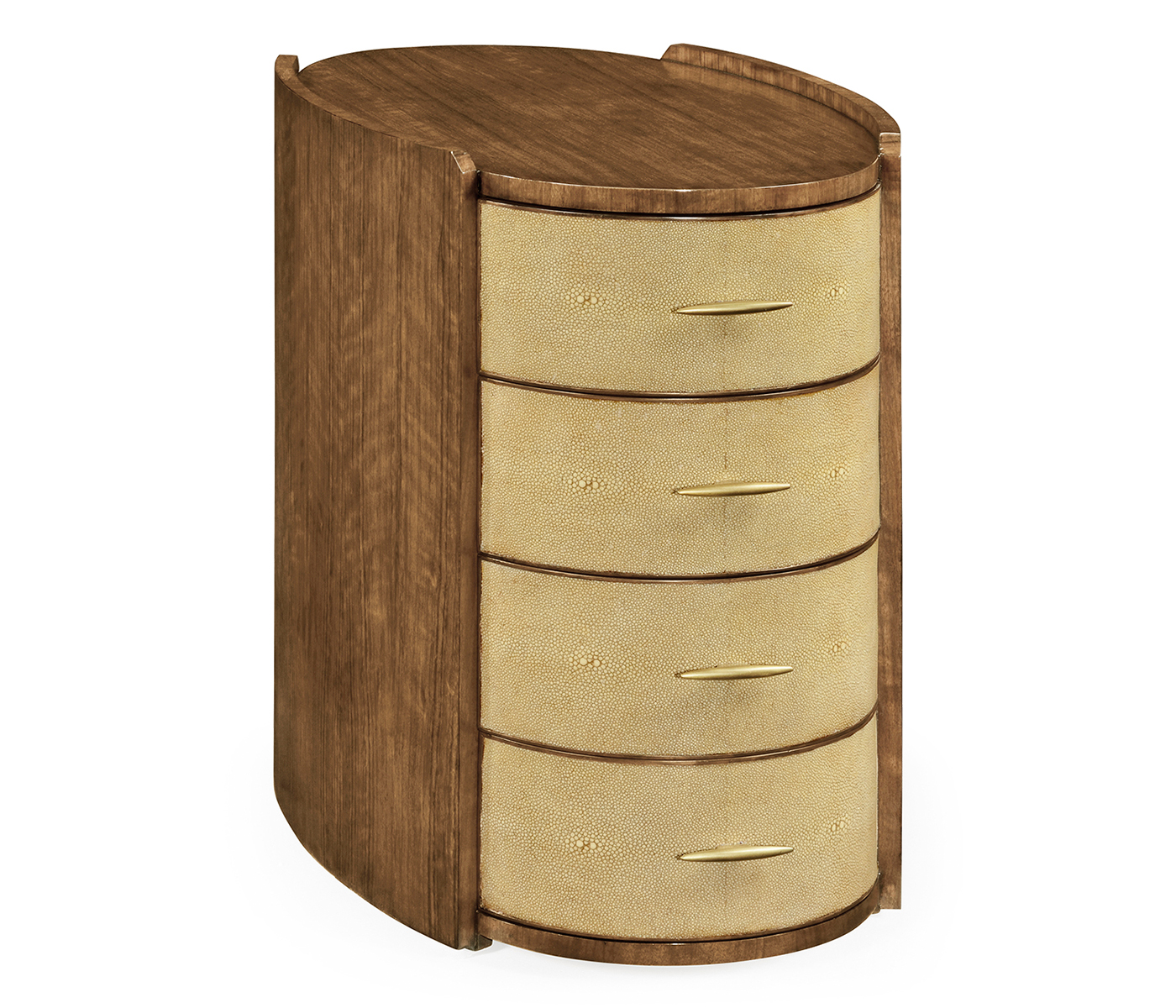 Ivory Shagreen Oval Bedside Chest of Drawers with Brass