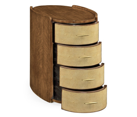 Ivory Shagreen Oval Bedside Chest of Drawers with Brass