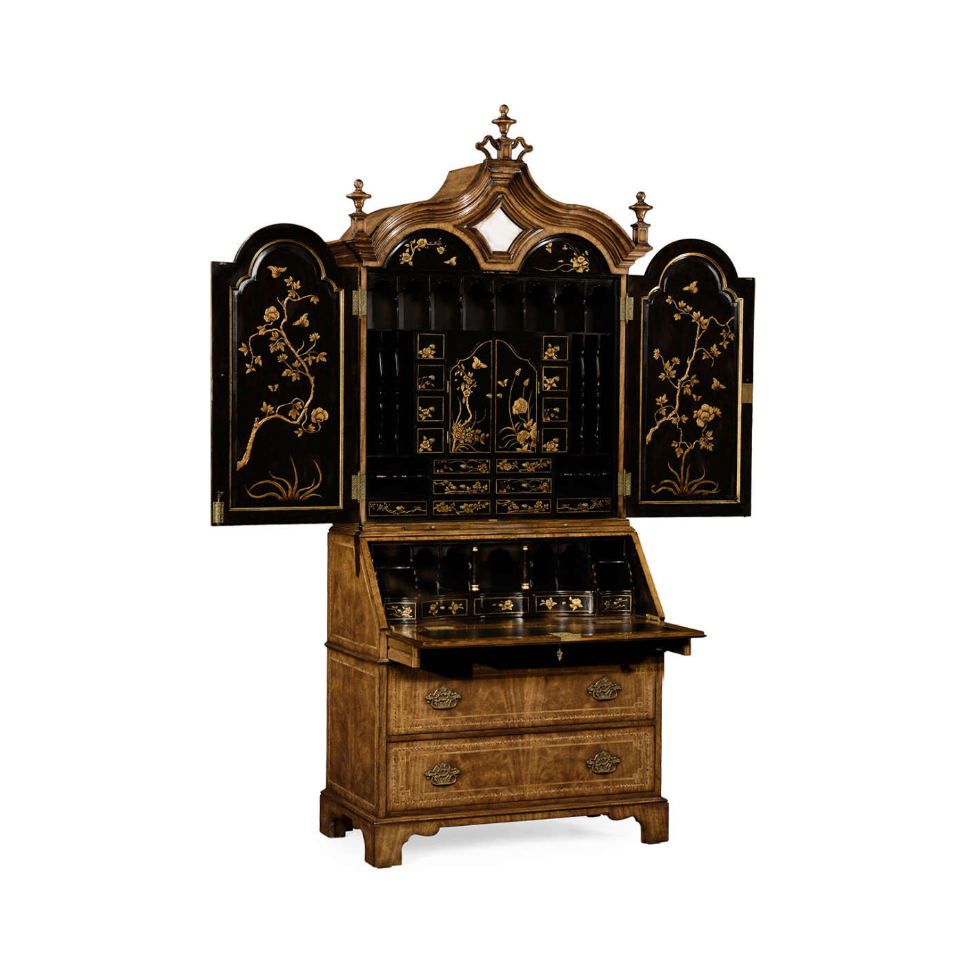 Queen Anne Walnut Bureau with Chinoiserie Interior & Mirrored Doors