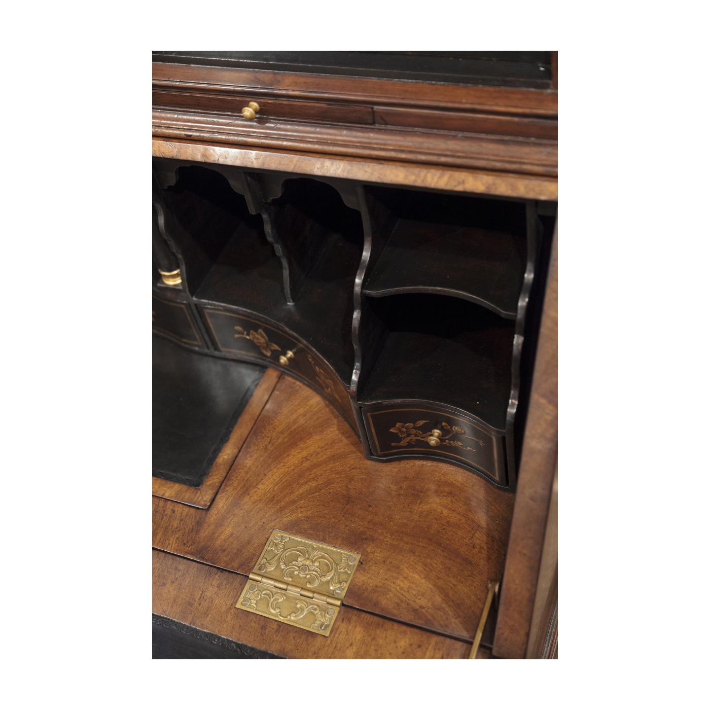 Queen Anne Walnut Bureau with Chinoiserie Interior & Mirrored Doors