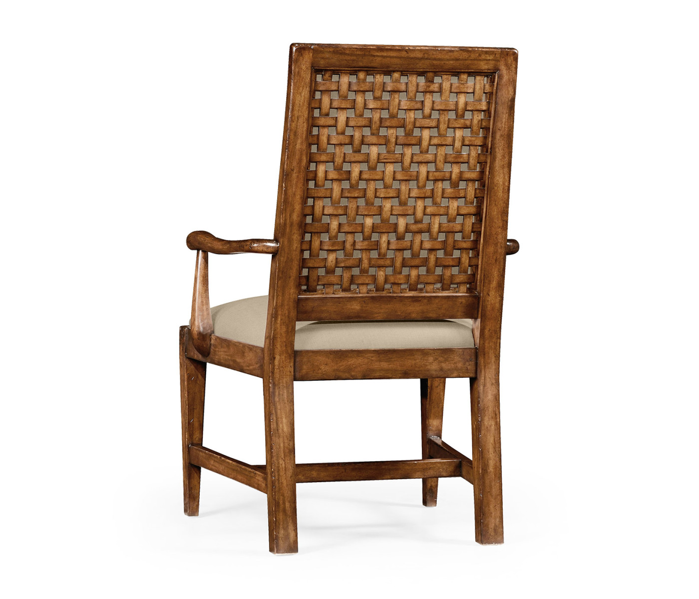 Rustic Walnut Upholstered Arm Chair with Lattice Back