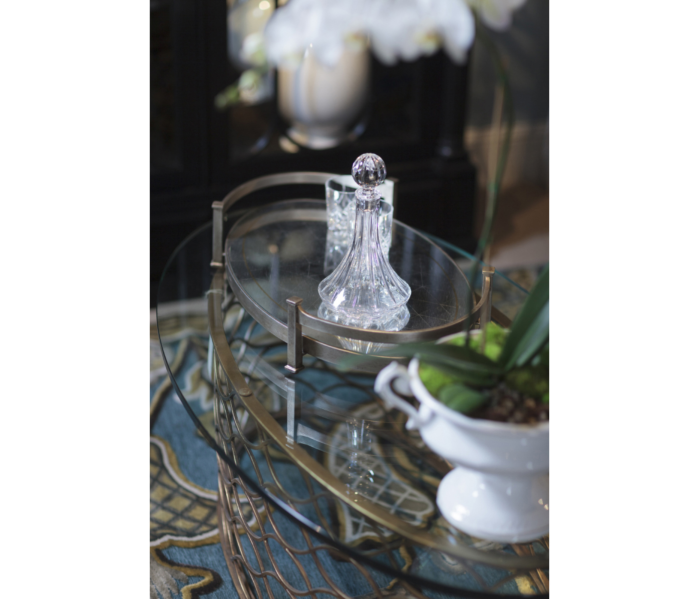Interlaced bronze & glass oval coffee table