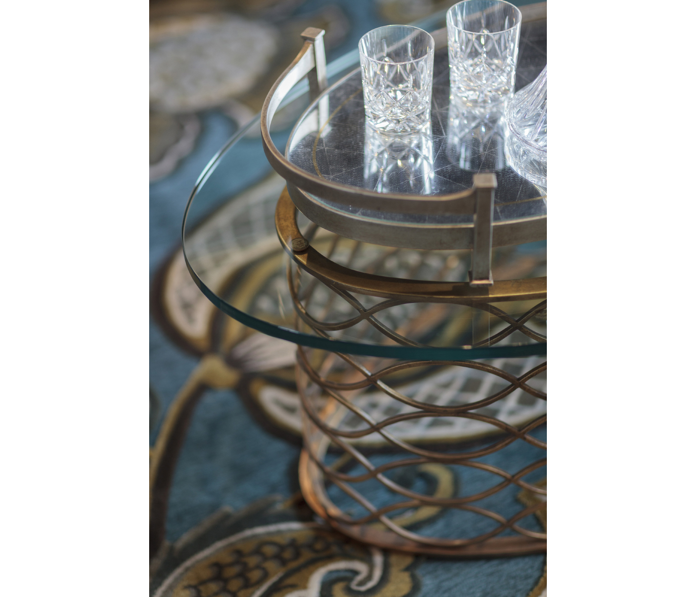 Interlaced bronze & glass oval coffee table