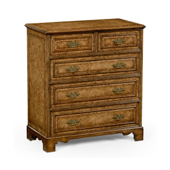 George II style burl oak chest of five drawers