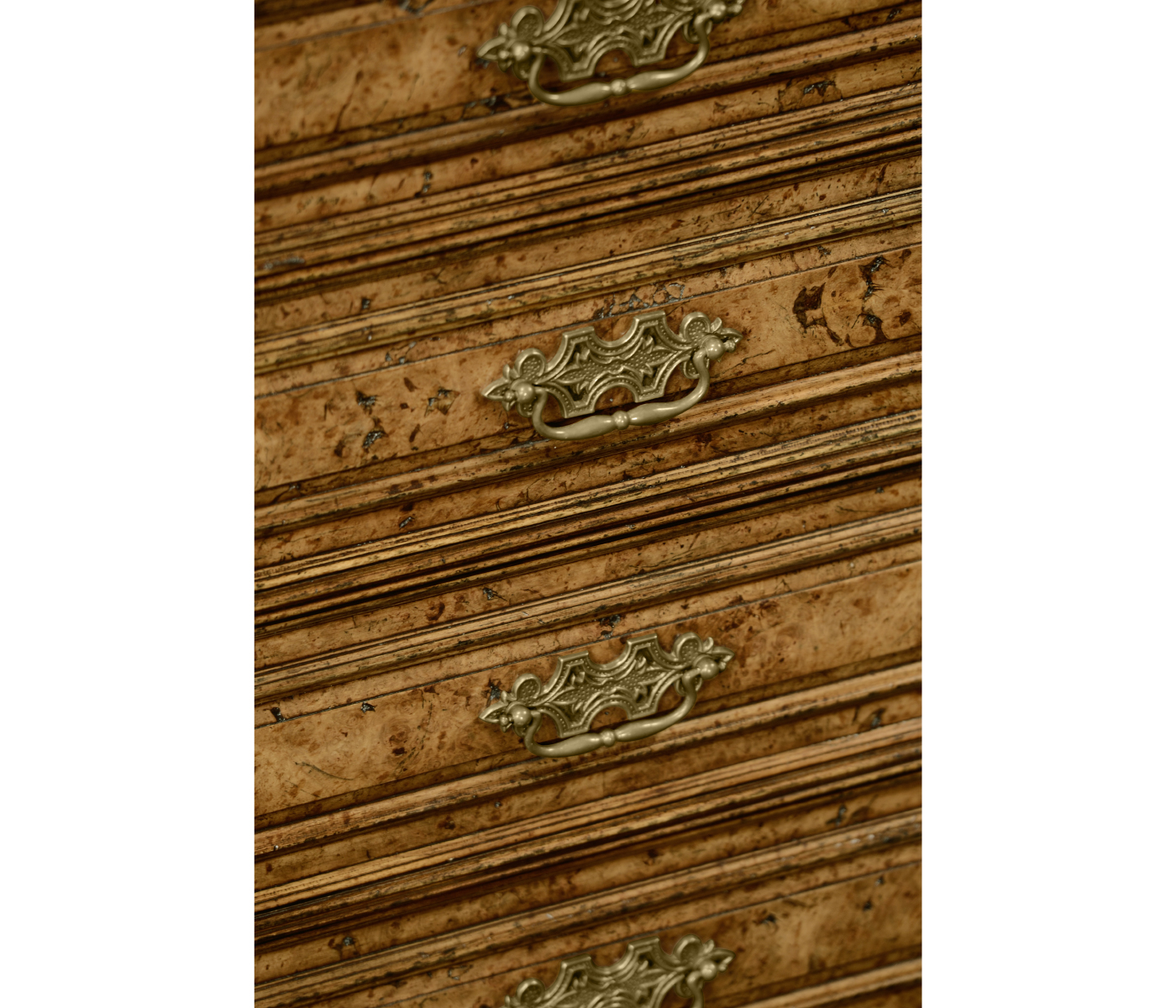 George II style burl oak chest of four drawers
