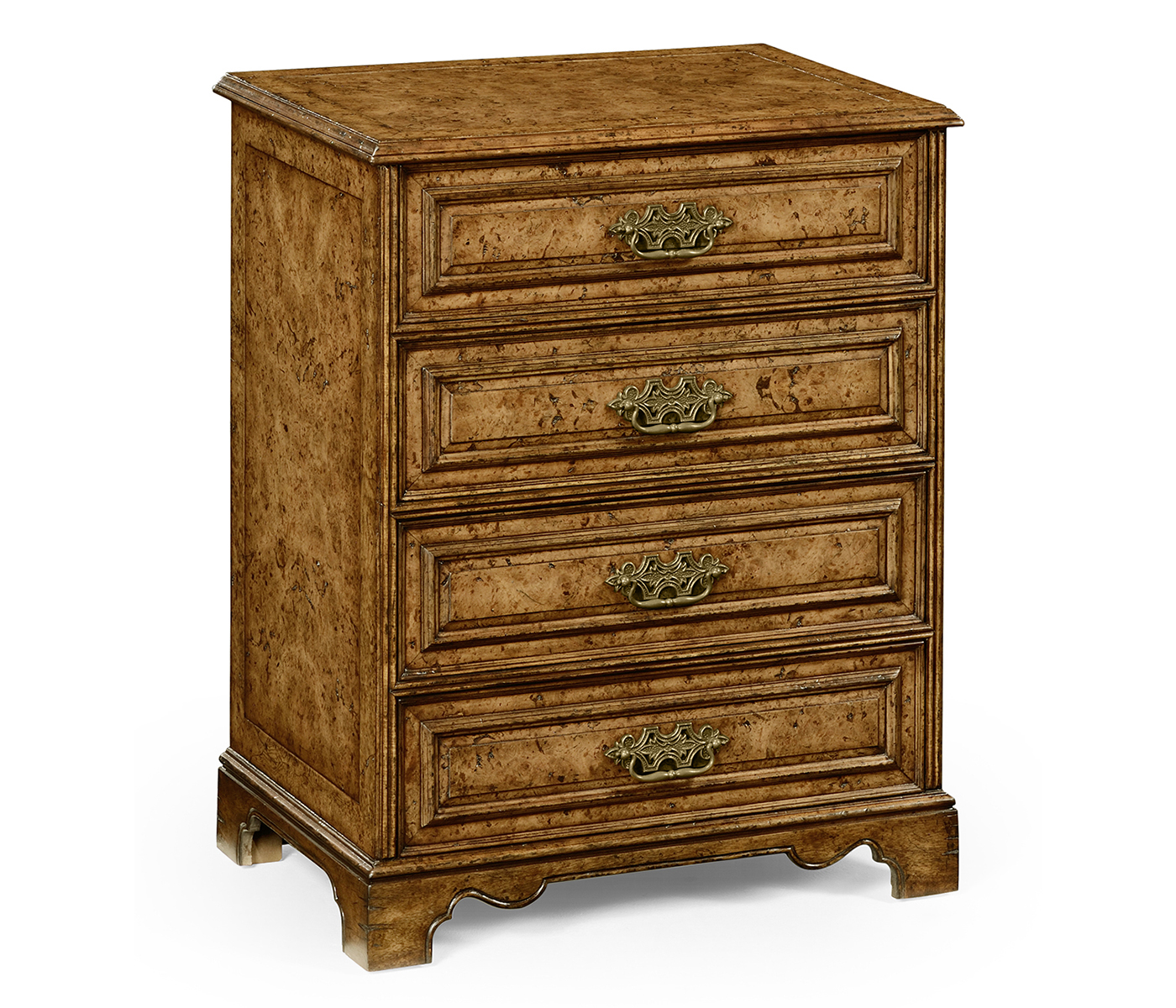 George II style burl oak chest of four drawers