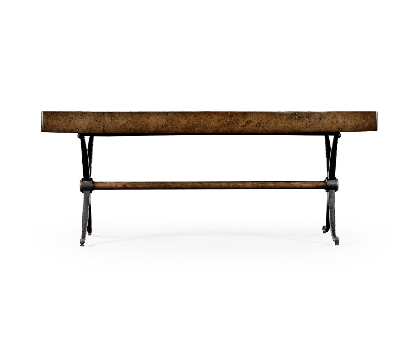 Hammered iron and burl oval coffee table