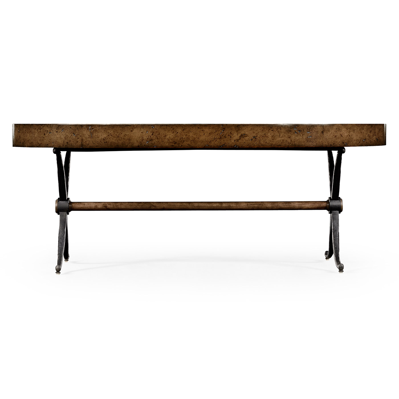 Hammered iron and burl oval coffee table
