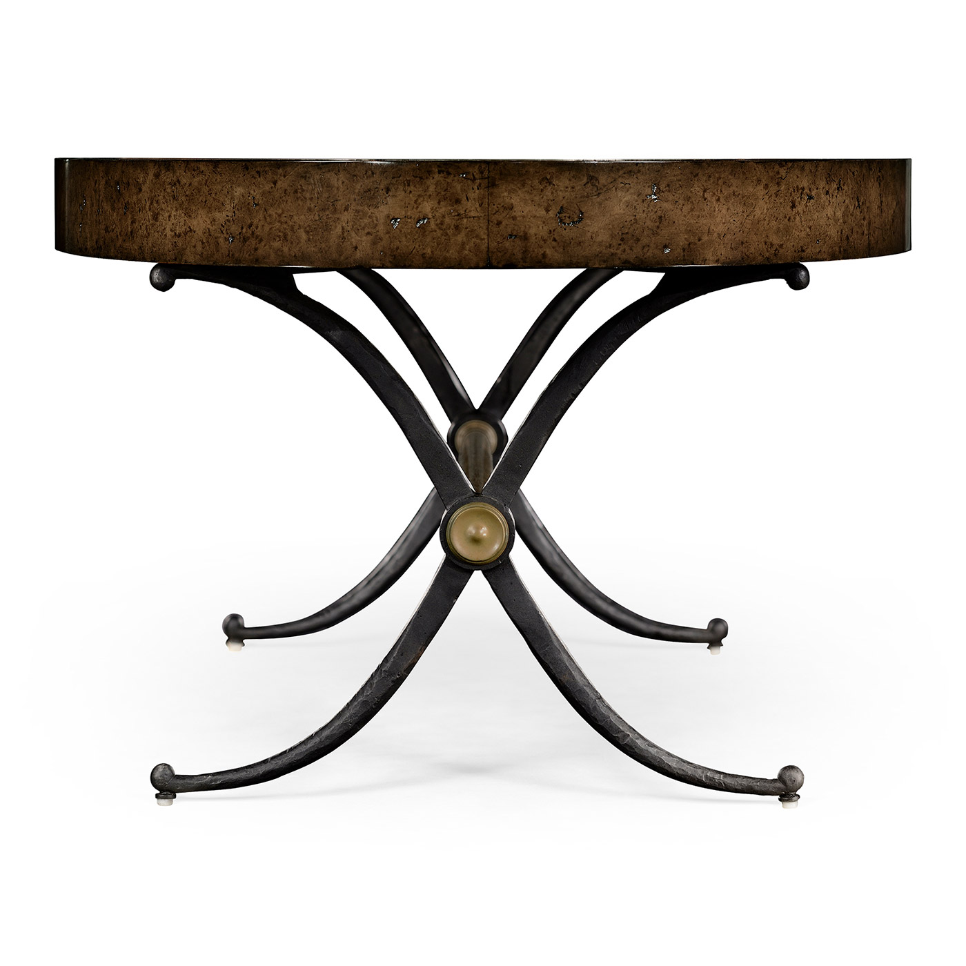 Hammered iron and burl oval coffee table