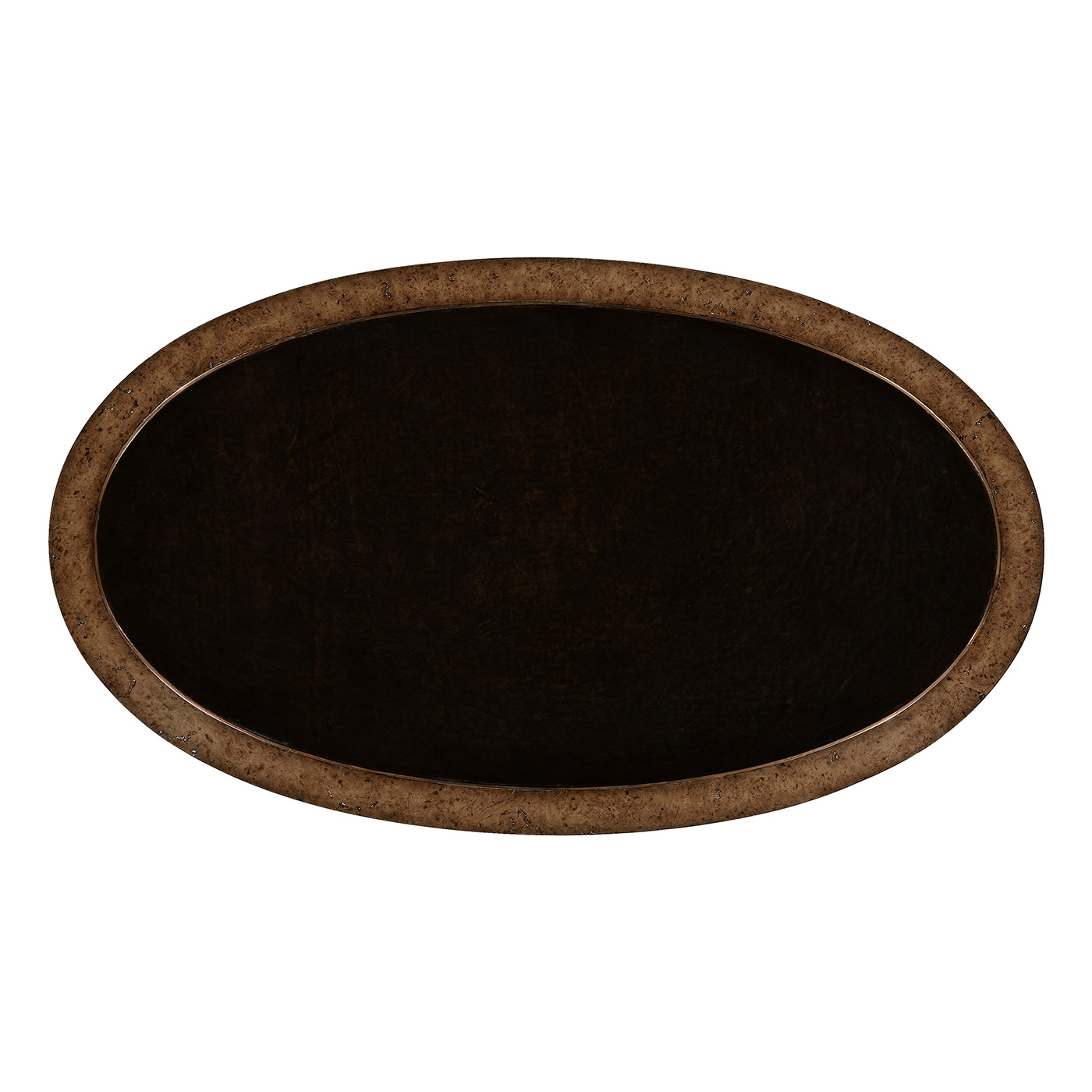 Hammered iron and burl oval coffee table