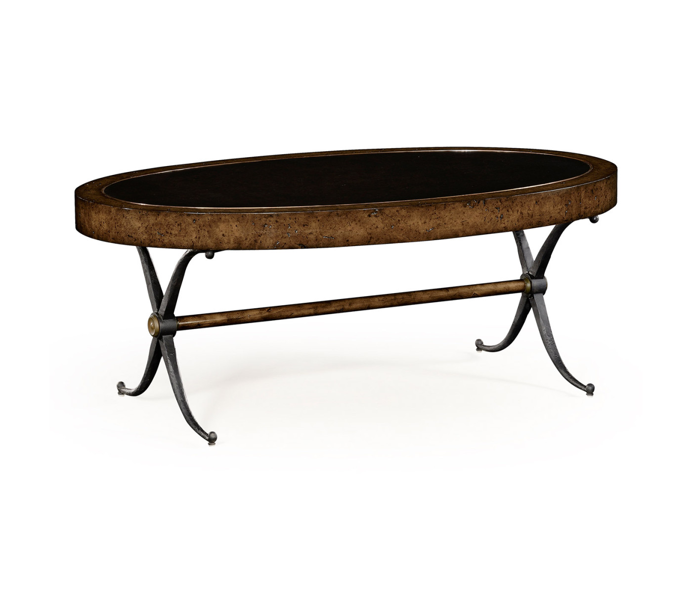 Hammered iron and burl oval coffee table