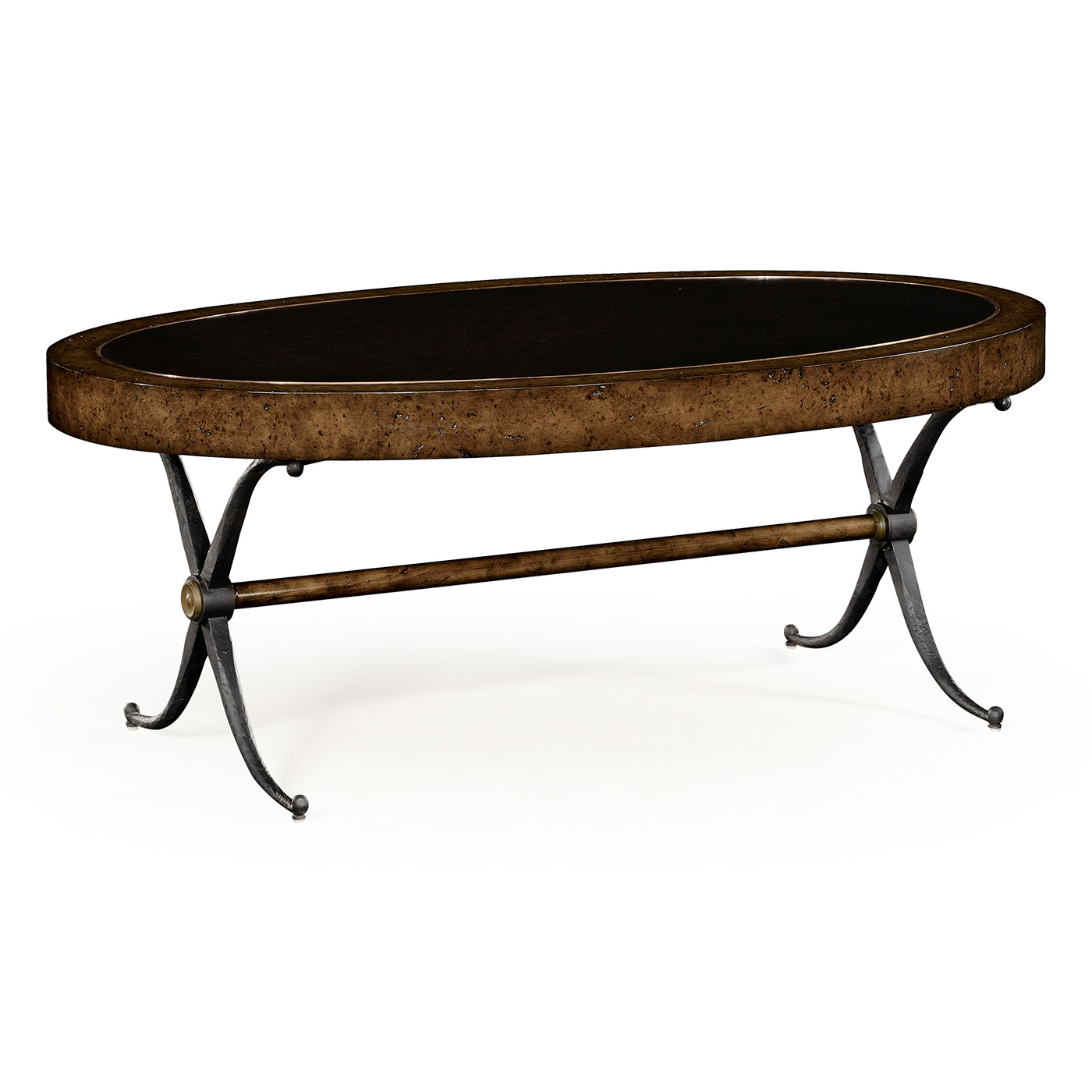 Hammered iron and burl oval coffee table