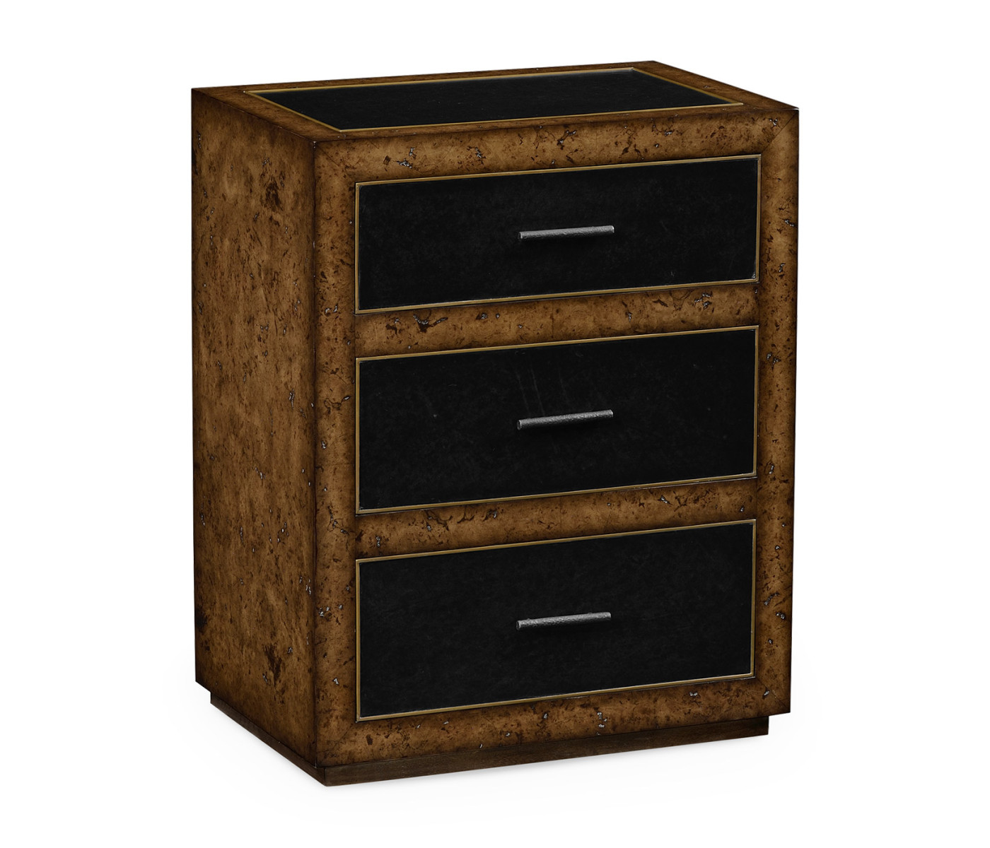 Rustic Burl Oak and Leather Chest of Three Drawers