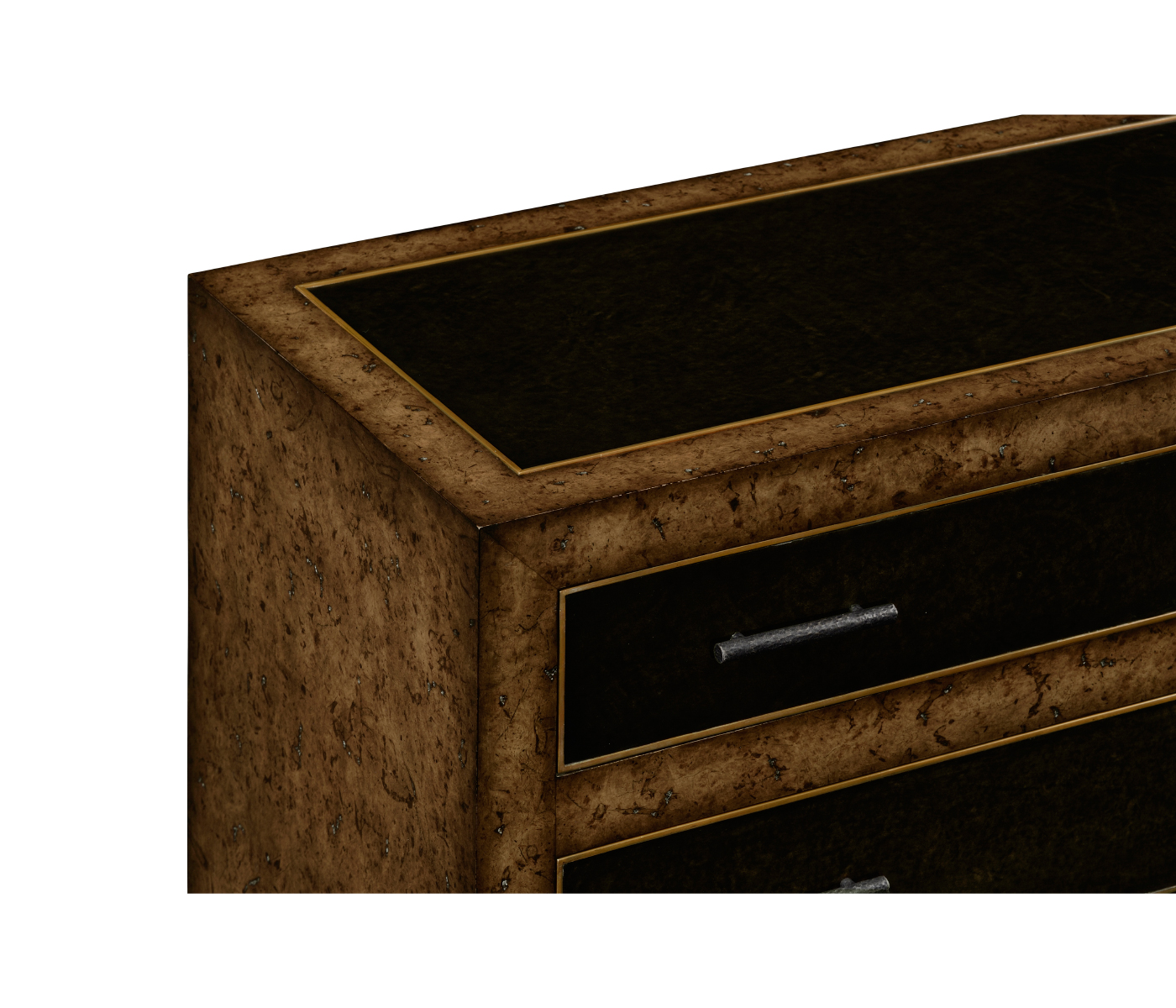 Rustic burl oak and leather chest of four drawers