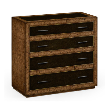 Rustic burl oak and leather chest of four drawers
