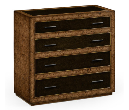 Rustic burl oak and leather chest of four drawers