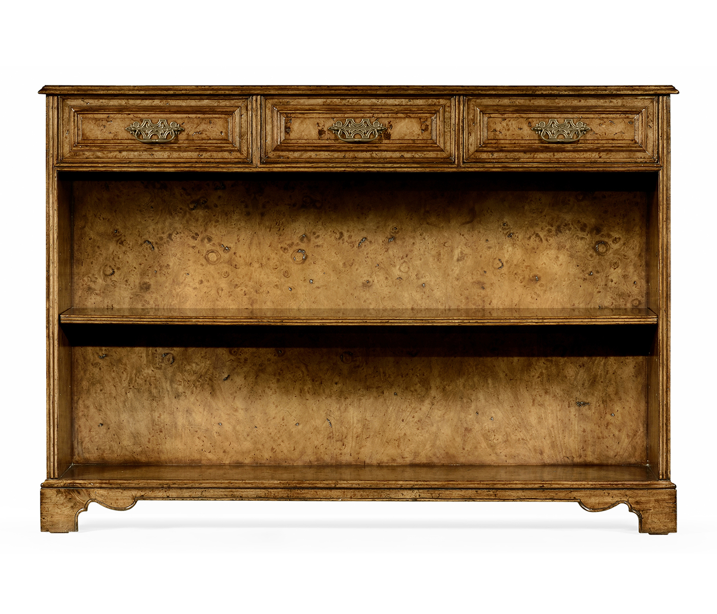 George II style burl oak bookcase with drawers