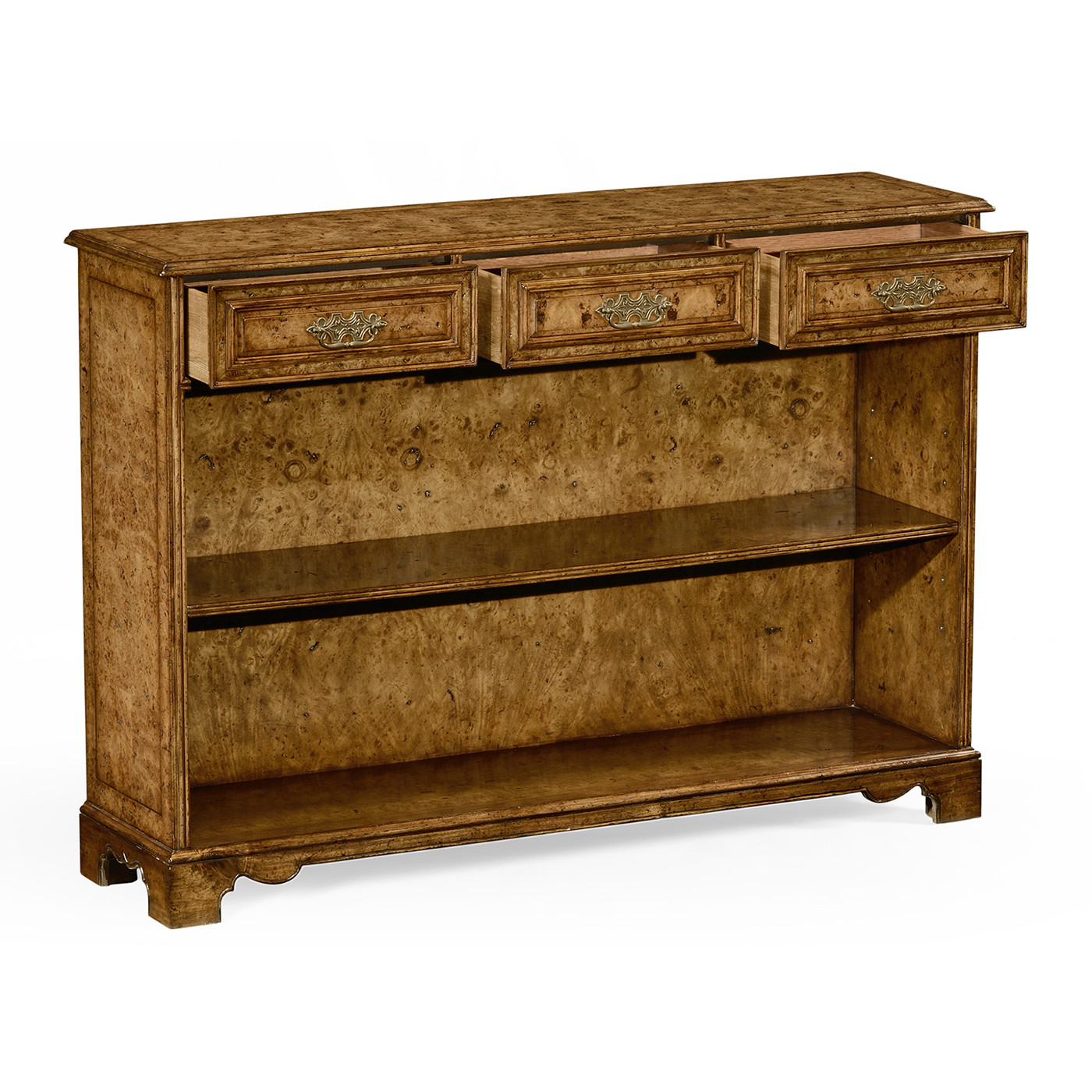 George II style burl oak bookcase with drawers