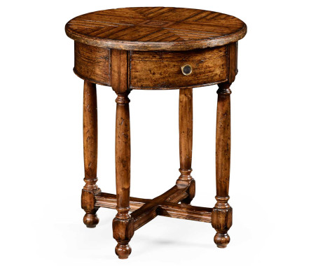 Walnut parquet round side table with contrast inlay