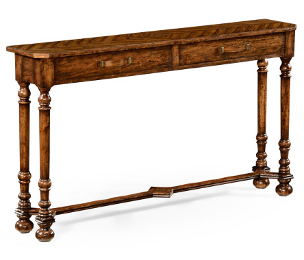Heavily distressed parquet console with strap handles