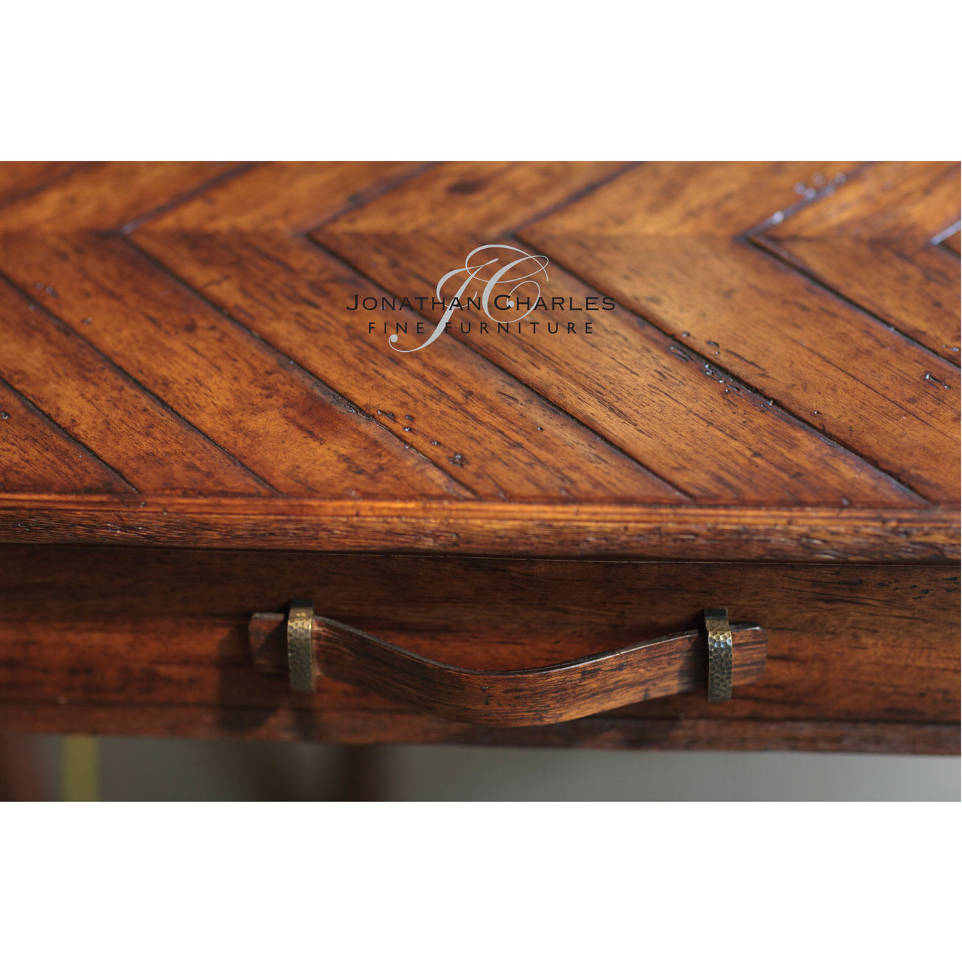Heavily distressed parquet console with strap handles