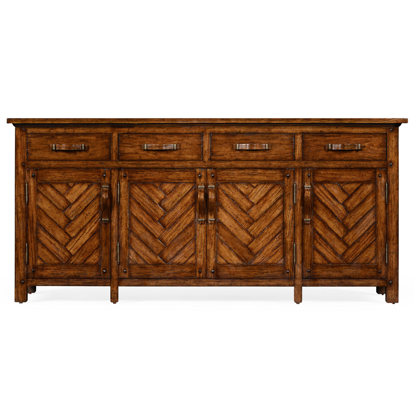 Heavily distressed parquet sideboard with strap handles
