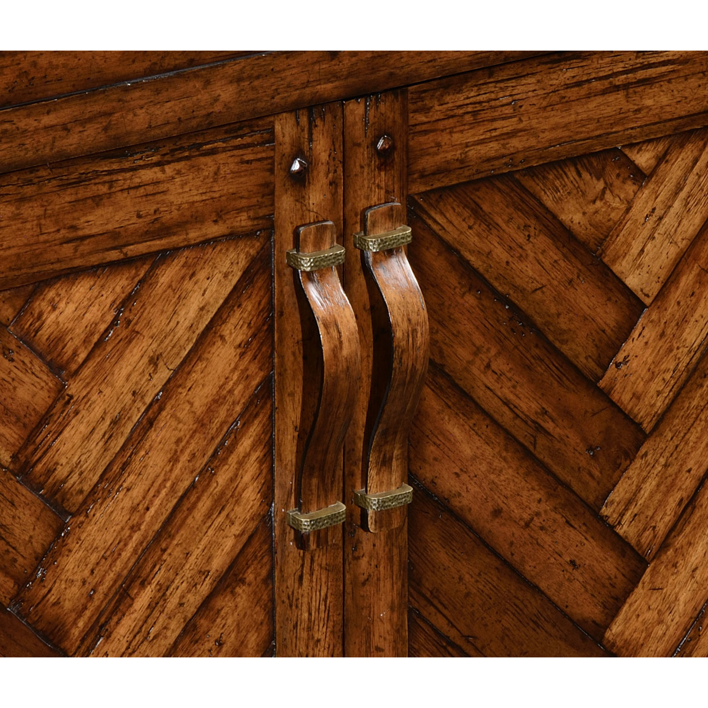 Heavily distressed parquet sideboard with strap handles