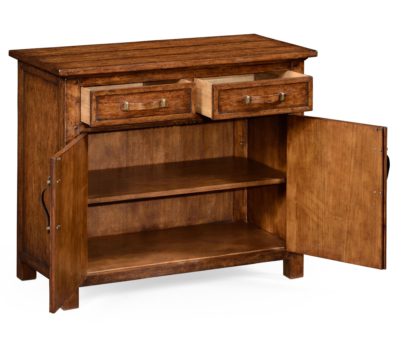 Plank walnut cabinet or dresser base with strap handles
