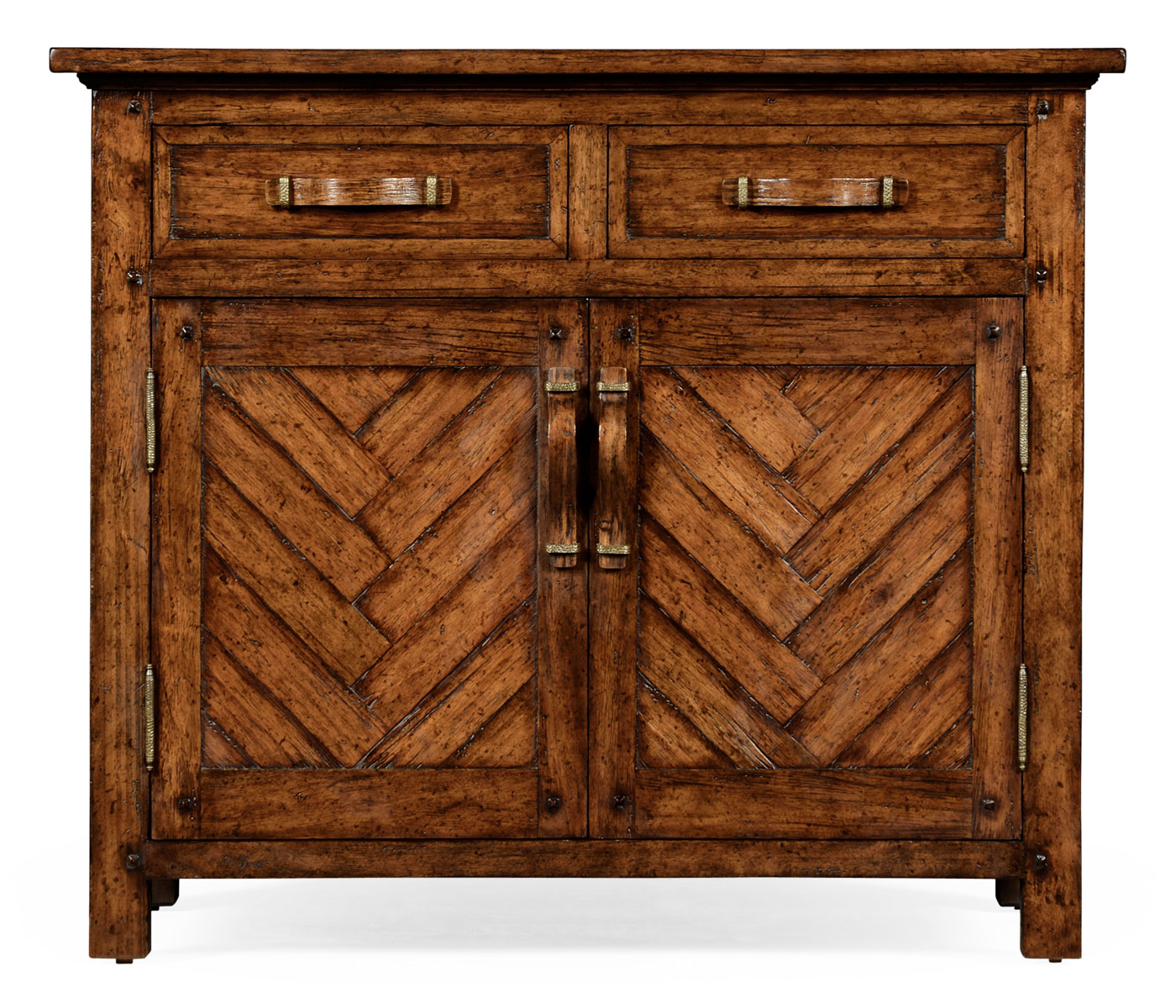 Plank walnut cabinet or dresser base with strap handles