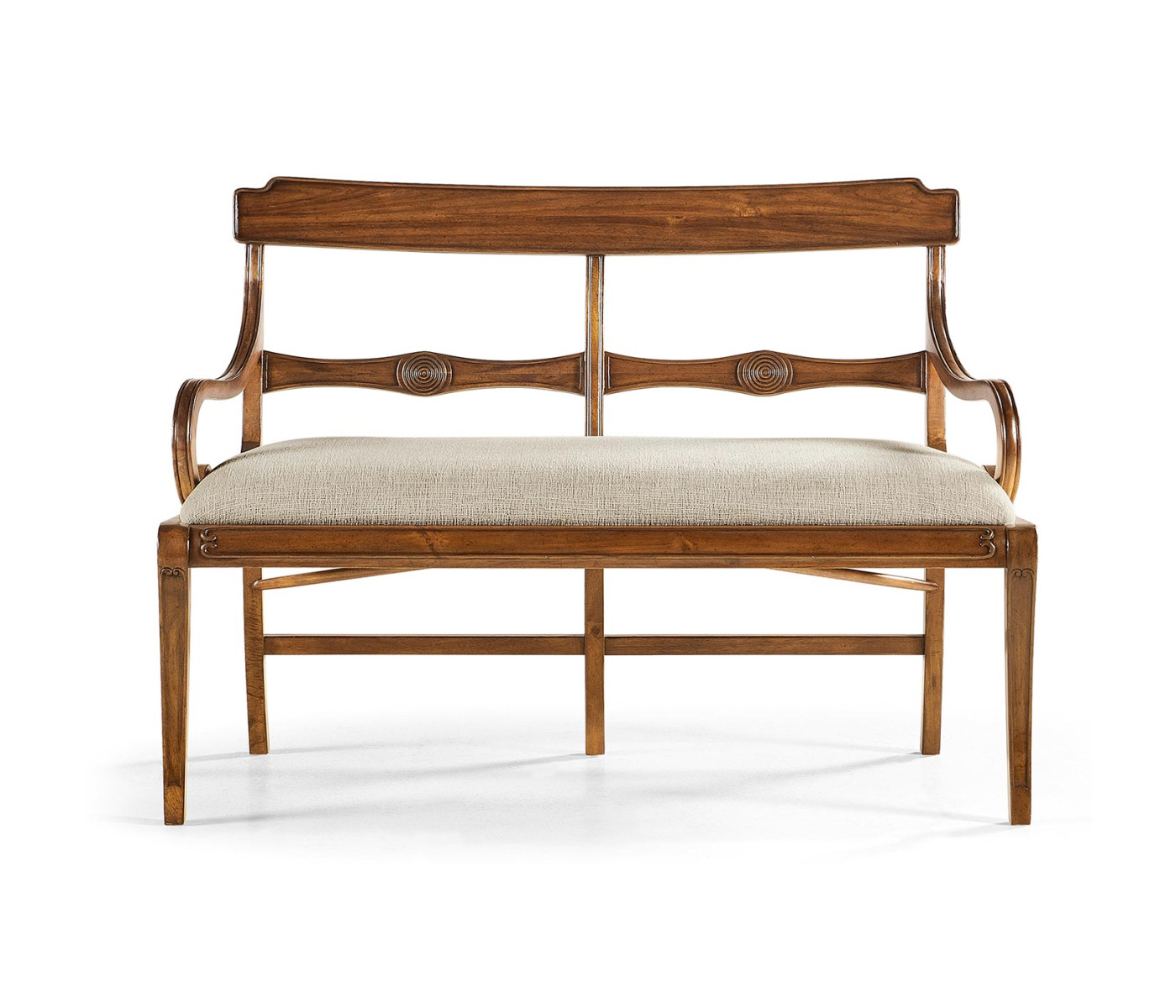 Regency Walnut Bench with Scrolling Arms