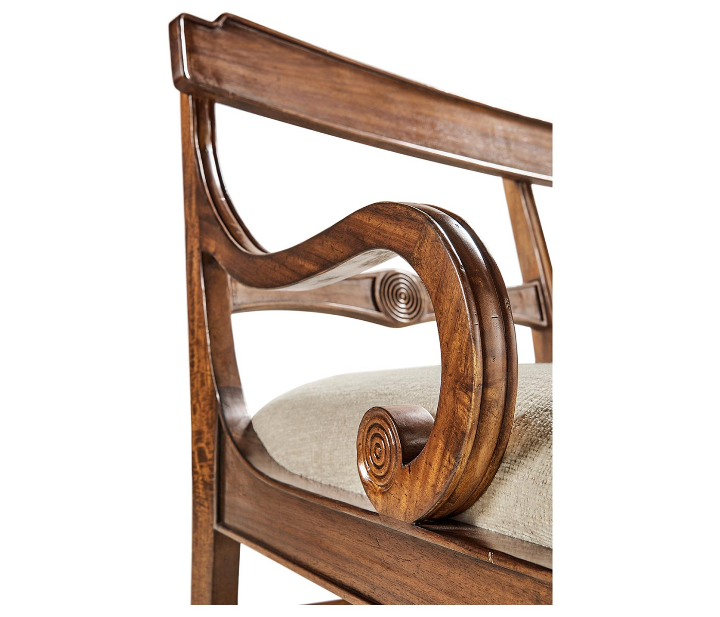 Regency Walnut Bench with Scrolling Arms