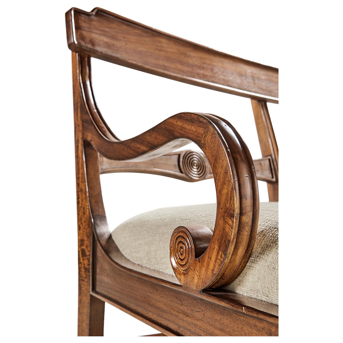 Regency Walnut Bench with Scrolling Arms