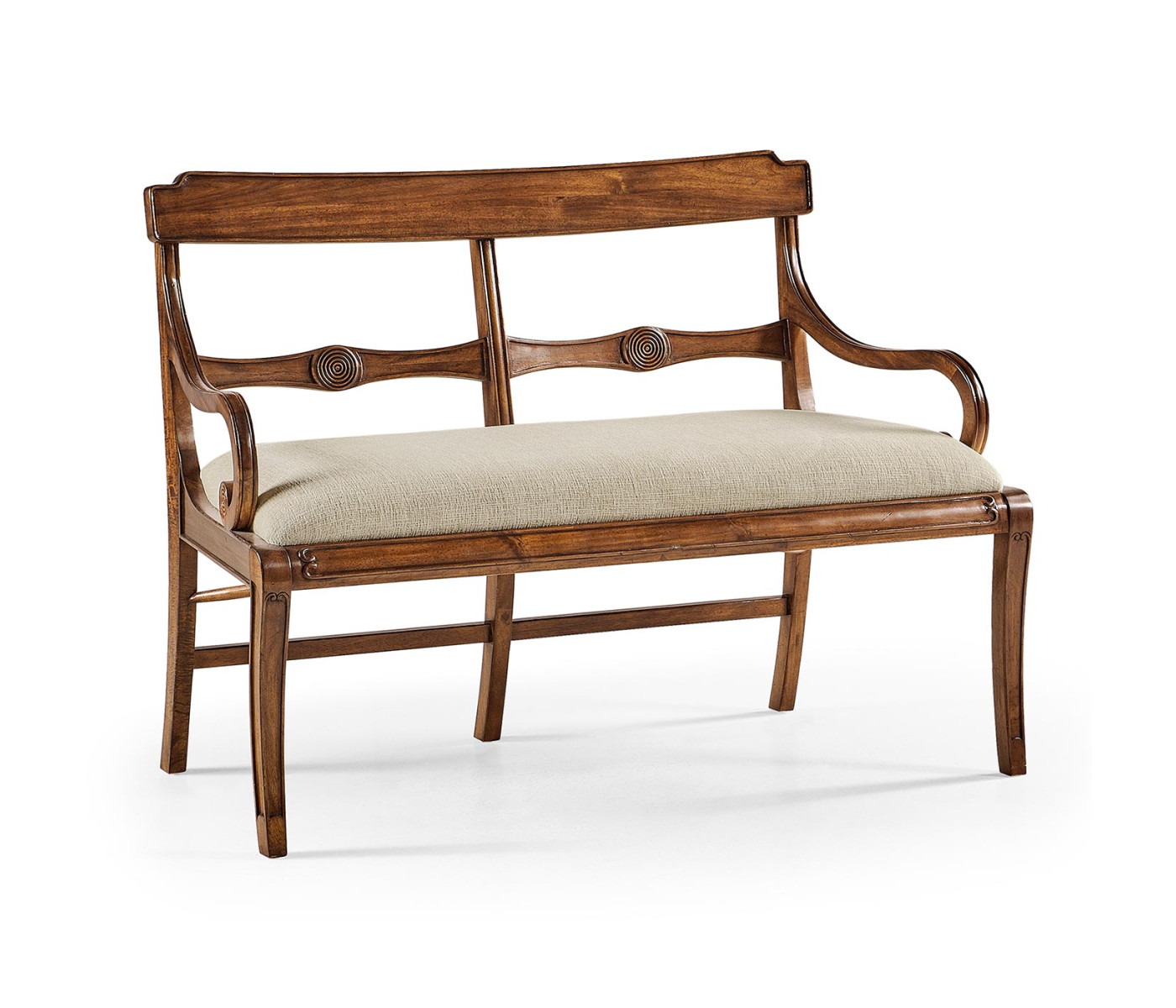 Regency Walnut Bench with Scrolling Arms