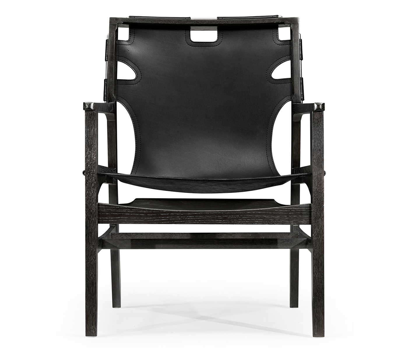Midcentury Style Slung Black Leather & Black Mocha Oak Easy Chair