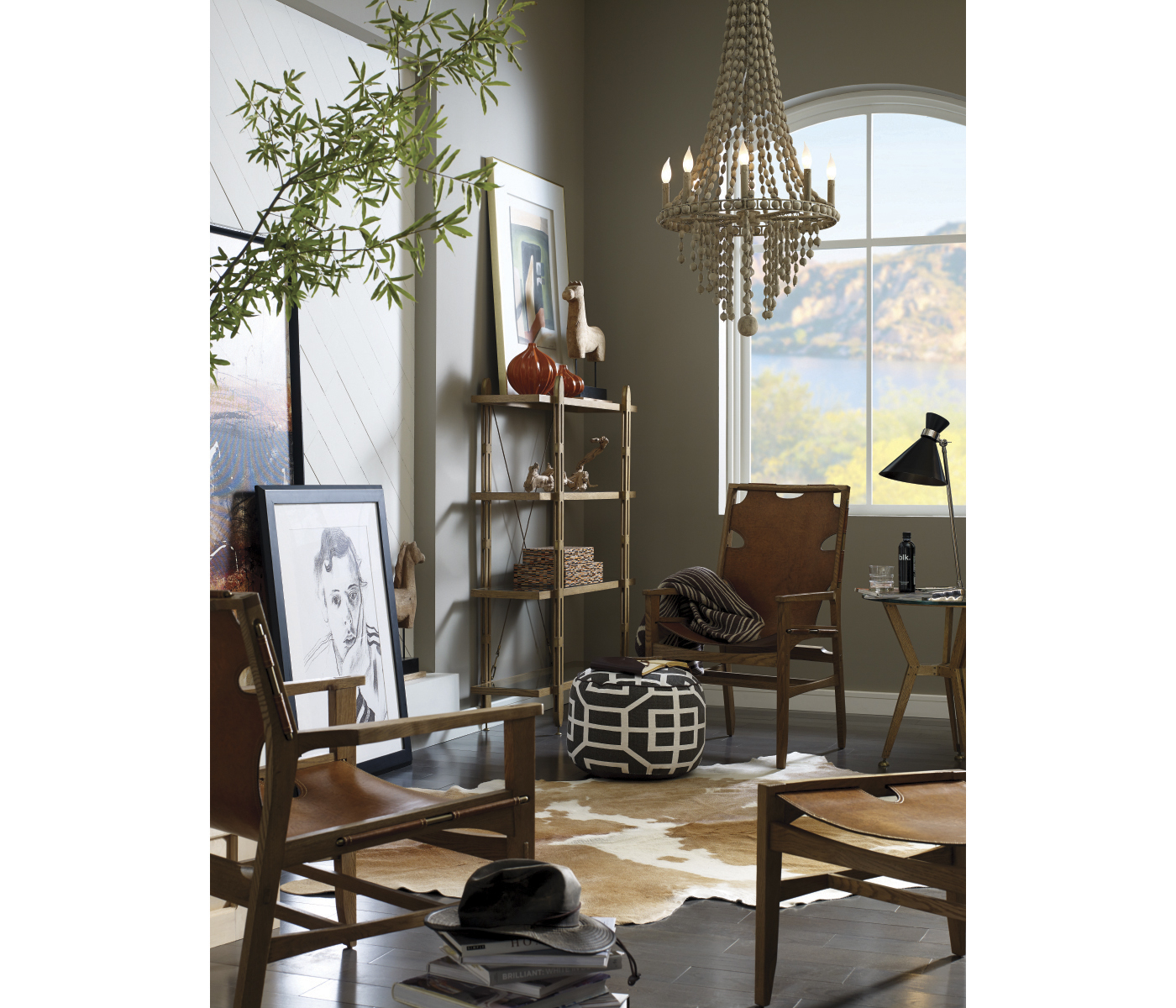 Midcentury Style Slung Black Leather & Black Mocha Oak Easy Chair